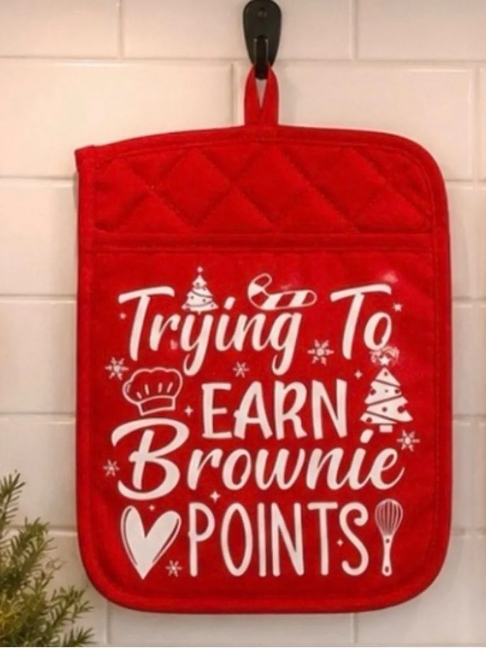 Festive Holiday Kitchen Pot Holders - Red with White Lettering - Set of 2